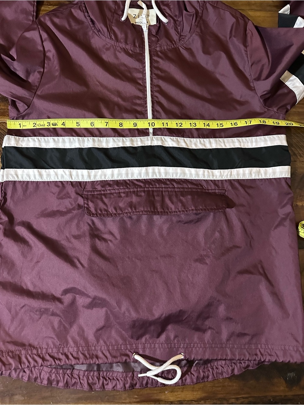 Zine Rain Jacket Windbreaker Burgundy Stripe Pullover Hooded Medium - Picture 5 of 9